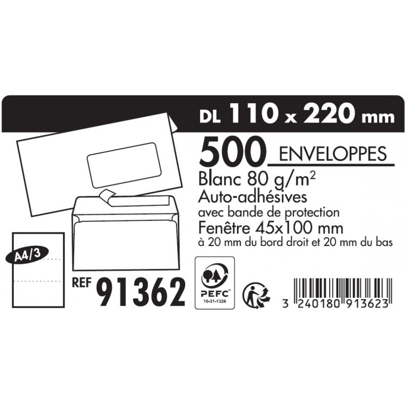 Enveloppes Blanches 11x22cm 500 unités 91362