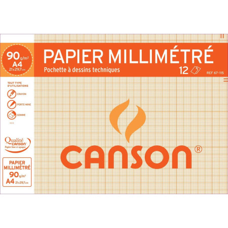 Canson Pochette Papier Millimétré A4 90g 12 Feuilles 67-115/67-315