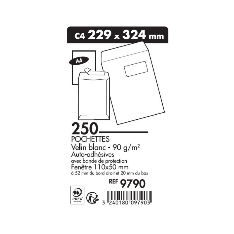 Pochettes Blanches 22x32 Fenêtre Boîte de 250 9790