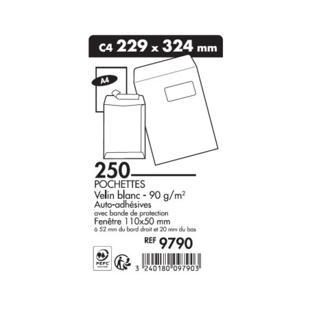 Pochettes Blanches 22x32 Fenêtre Boîte de 250 9790