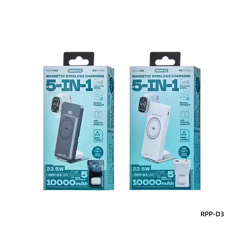 Remax Chargeur Magnétique Support 10 000 mAh 15W 5-en-1 RPP-D3 Noir