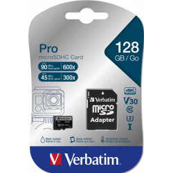 Verbatim MicroSD 128GB Pro UHS3 CL10 + Adaptateur 4K UHD