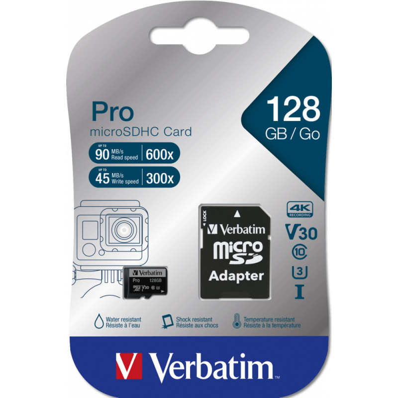 Verbatim MicroSD 128GB Pro UHS3 CL10 + Adaptateur 4K UHD